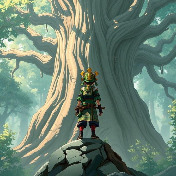 Questa wallpaper anime presenta un giovane samurai in piedi su un affioramento roccioso, di fronte a un gigantesco albero antico in una foresta, con una testa a motivi verdi e gialli vivaci, sullo sfondo di tonalità verdi e marroni.