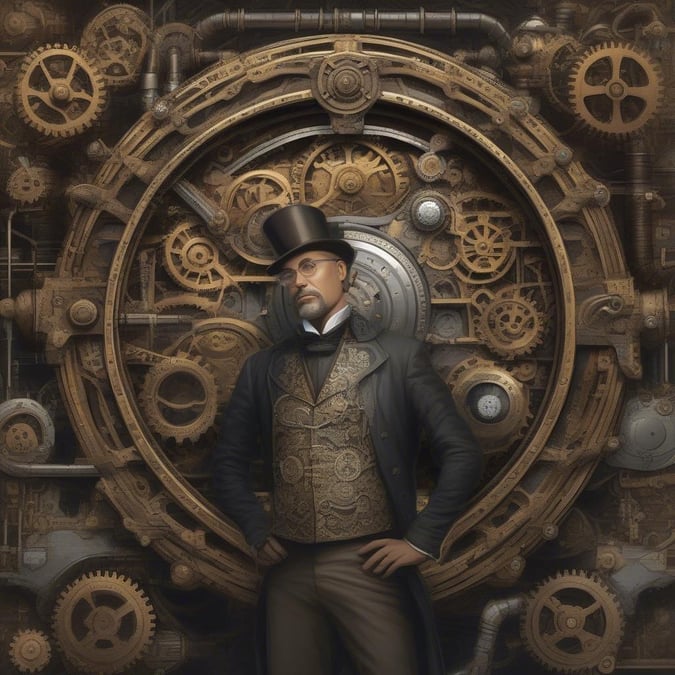 En detaljeret digital illustration af en steampunk-opfinder omgivet af urværk, der skaber en anime-lignende atmosfære.