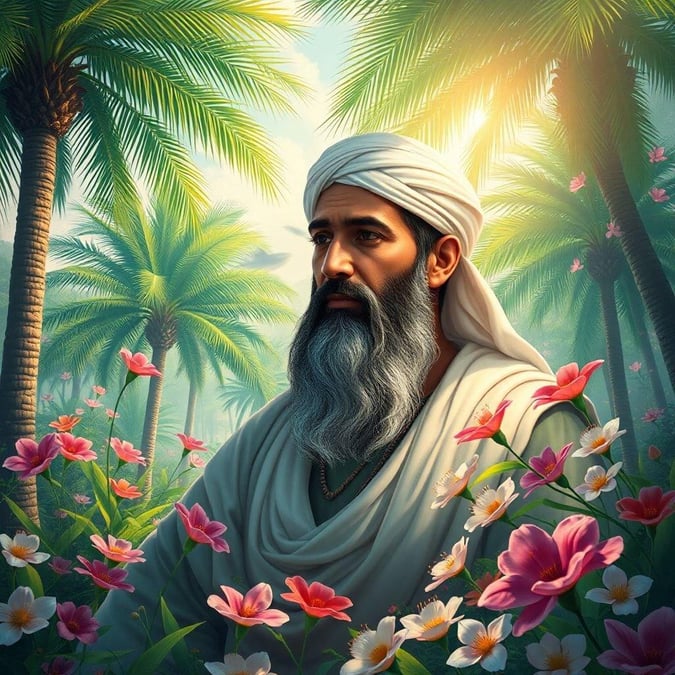 A tranquil scene of a bearded holy figure, possibly from Islamic faith tradition, set against the backdrop of tropical flora under the full moon.