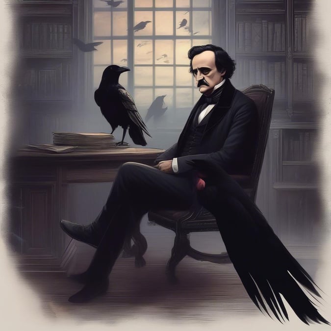 The famous author Edgar Allan Poe pondering his beloved raven. Set against the backdrop of his study and bookshelves, this digital artwork captures the essence of Poe's mysterious and gothic style.