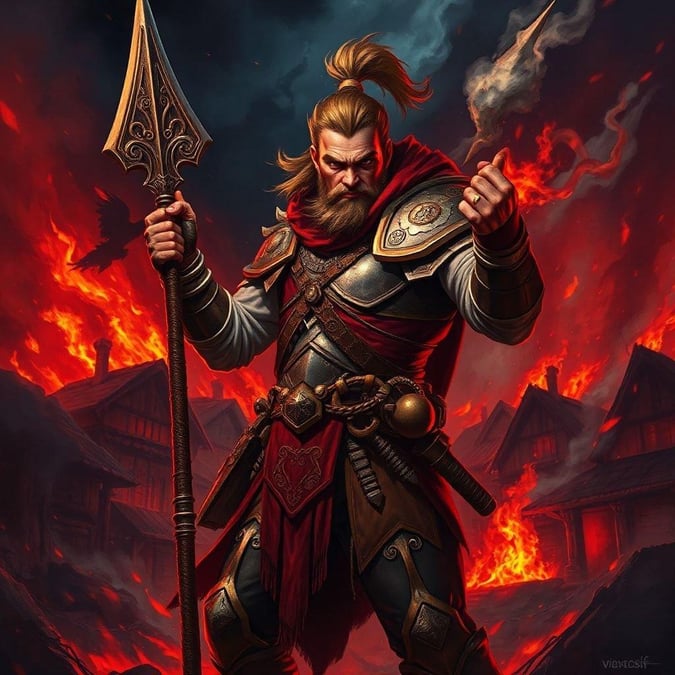 This fantasy character wallpaper features a powerful warrior standing in front of a fiery red dragon. The warrior is dressed in armor and holding a sword, with a determined expression on his face. The dragon is depicted in mid-air, its wings spread wide as it breathes fire. The background of the image is a dark, ominous sky with clouds of smoke and ash. This wallpaper is perfect for fans of fantasy and adventure, and would look great on any desktop or mobile device.