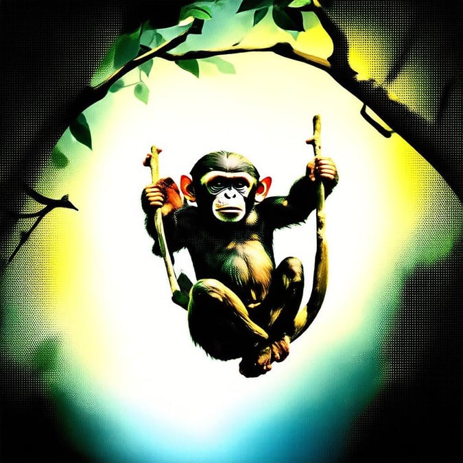 A playful monkey swinging through the trees, with an inviting smile on his face.