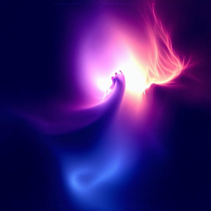 This vibrant sci-fi scene captures the fiery explosion of a neon gas against a deep purple background. The cool blue tendrils contrast beautifully with the hot orange embers, creating an intense visual experience.