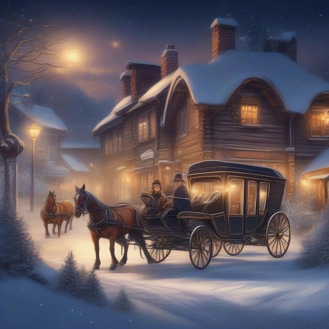 A cozy winter scene with a horse-drawn carriage on a snowy night.