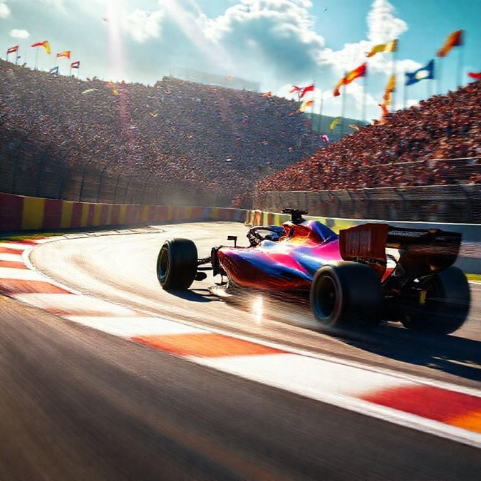 This stunning wallpaper captures the thrill of Formula One racing, with a sleek race car speeding around a track, surrounded by a sea of enthusiastic spectators in the stands. The image exudes the excitement and energy of the sport, making it a perfect choice for fans of motorsports.