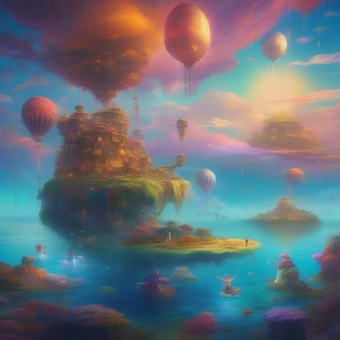 A whimsical scene featuring a magical island, floating castles, and balloon airships. Perfect for desktop or mobile backgrounds.