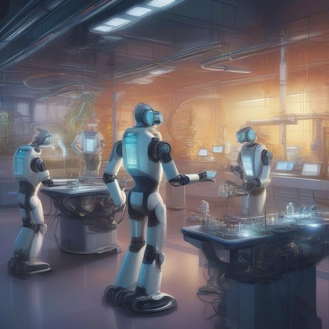 A group of robotic scientists in their lab, working on cutting-edge technology.