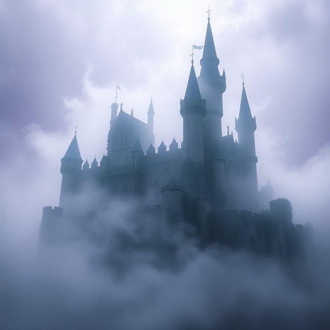 A mysterious, foggy castle that seems to be emerging from the mists. This enchanted scene could inspire tales of medieval fantasy and adventure.