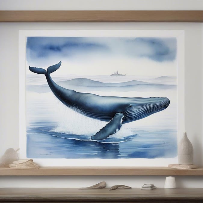 A serene scene of an oceanic whale gracefully swimming through a deep blue, almost black, body of water. The artwork is a captivating wallpaper that showcases the beauty and power of marine life.