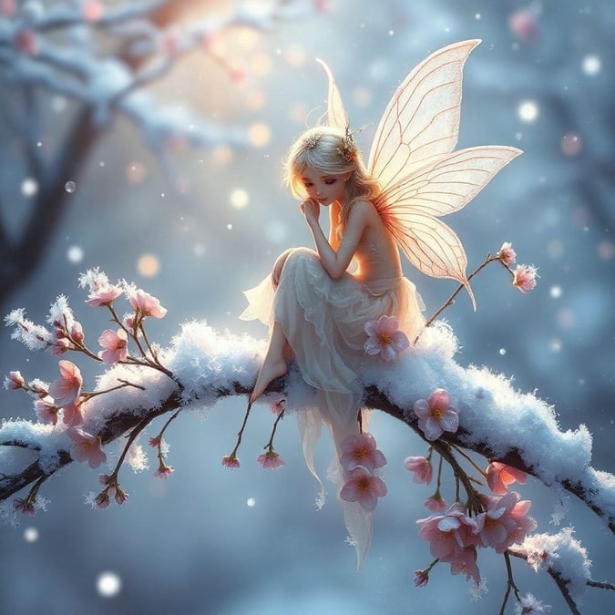 Enjoy a whimsical Christmas with this magical fairy sitting on a branch adorned with snow-kissed flowers.