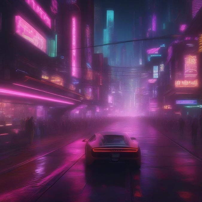 A futuristic night scene in a neon-lit city. The streets are wet, reflecting the glow of the neon signs and lights. A sleek car is parked on the side of the street, ready to hit the road once more.