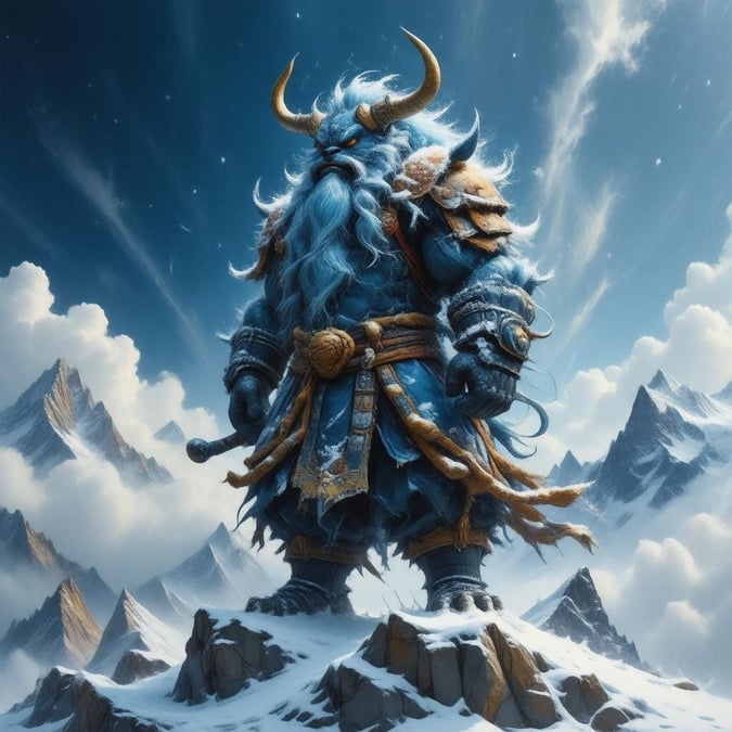 This stunning anime wallpaper features a powerful Oni warrior standing tall on a mountain of swirling snowflakes, with a body that's a canvas of blue and white. The warrior's enigmatic figure is set against a deep blue sky with a few scattered clouds, creating a breathtaking scene that's perfect for desktop and mobile use.