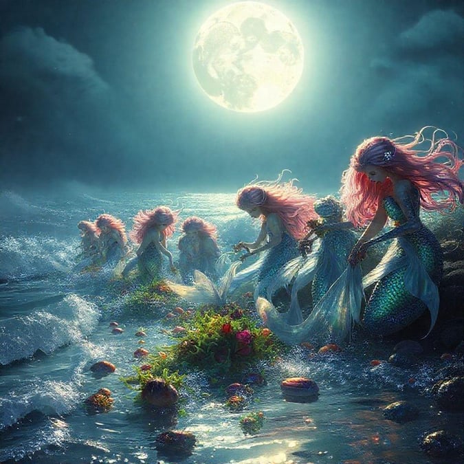 A mystical scene featuring a group of mermaids on the shore at night, with the moon as their backdrop.