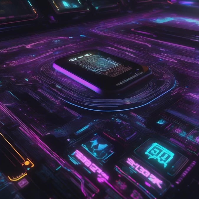 A high-tech, futuristic scene with vibrant neon elements and cyberpunk aesthetics.