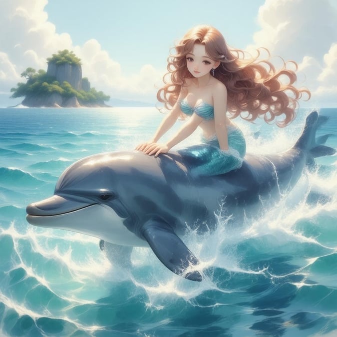 Eine atemberaubende Anime-Illustration einer Meerjungfrau, die auf einem Delfin reitet, vor einer ruhigen Ozeankulisse mit einer entfernten Insel und Landmasse.