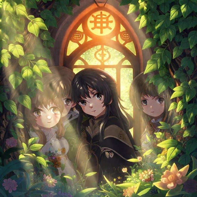 This anime wallpaper features a captivating scene of a group of four people standing in front of an arched window, surrounded by the mysterious glow of the forest. The intricate details and vibrant colors bring the magical moment to life.