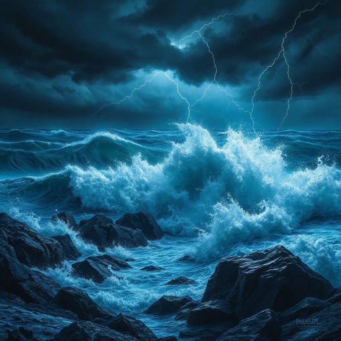 This stunning wallpaper captures the raw power and beauty of a stormy ocean scene, perfect for desktop and mobile use.