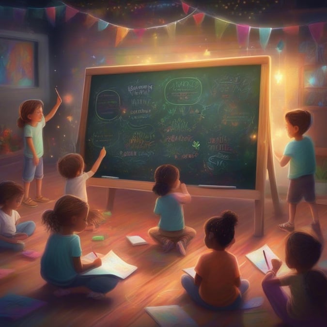 A group of children gathered around a chalkboard, writing their dreams and wishes for the new year. The room is filled with warmth and hope as they share their ideas for the coming year.