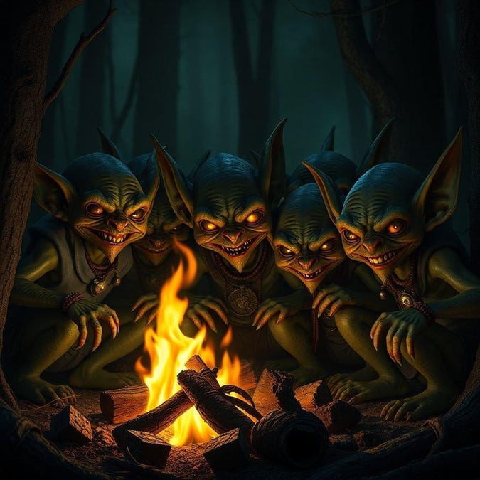 These goblins are enjoying a cozy night around the campfire. The firelight casts a warm glow on their faces, and they seem to be sharing stories and laughter.