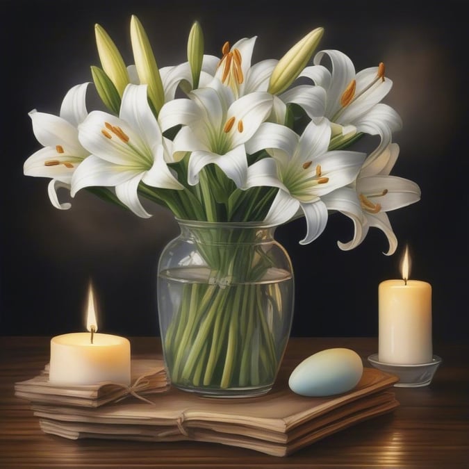 A beautiful arrangement of white lilies in a clear glass vase, placed on a stack of books, creating a sense of serenity and peace.