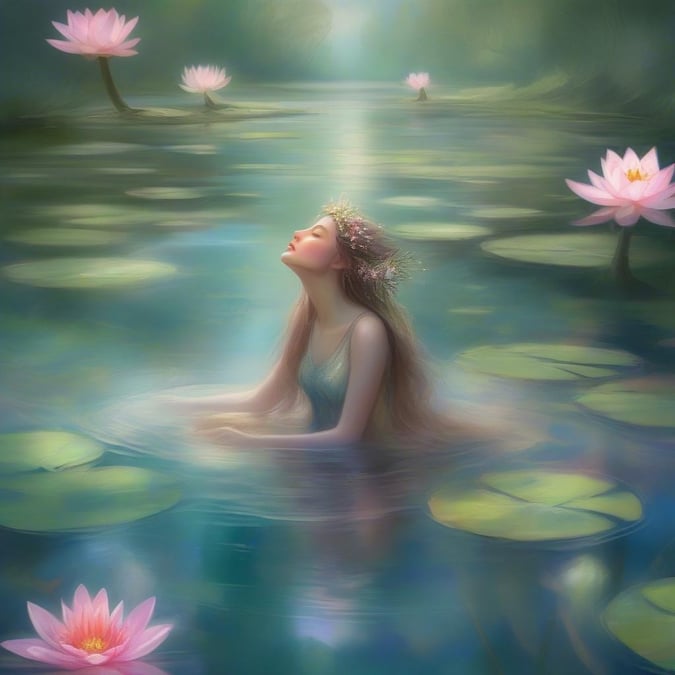 This enchanting wallpaper features a water nymph in a serene pond, surrounded by lily pads and flowers. The soft colors and dreamy atmosphere evoke a sense of tranquility and wonder, perfect for desktop and mobile use.