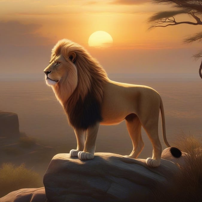 A majestic lion stands atop a rock, gazing out at the breathtaking sunset.