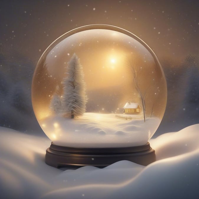 This serene winter scene is captured in a snow globe, featuring a small house, a snow-covered tree, and a bright sun shining through the glass. The snowflakes gently falling outside add to the peaceful atmosphere, making it a perfect desktop or mobile wallpaper for those who love the beauty of winter.