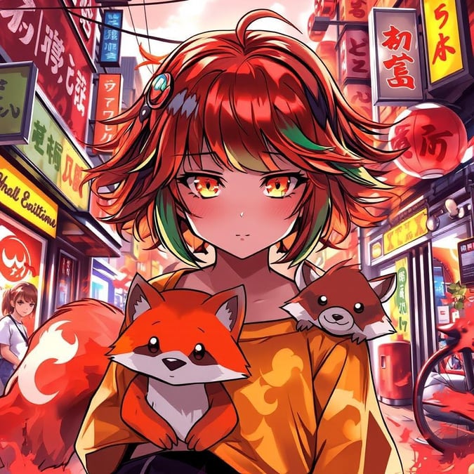 A lively anime illustration featuring a young girl with rainbow-colored hair. She's caught up in the joyful chaos of a magical tanuki, standing amidst the bustling streets of vibrant Tokyo. The scene is full of life and color, from the warm red lanterns glowing in the background to the playful antics of the tanuki.