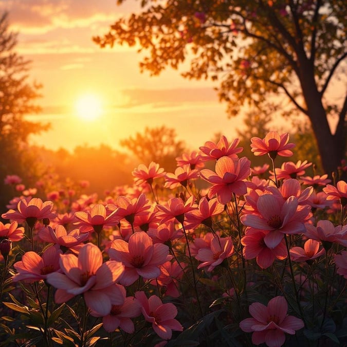 A picturesque scene capturing the golden hour in an enchanting field blooming with pink flowers against a vibrant sky.