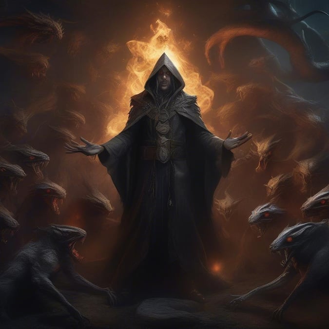 A fantasy illustration of a dark magick warrior surrounded by snarling creatures, emitting a mystical glow.