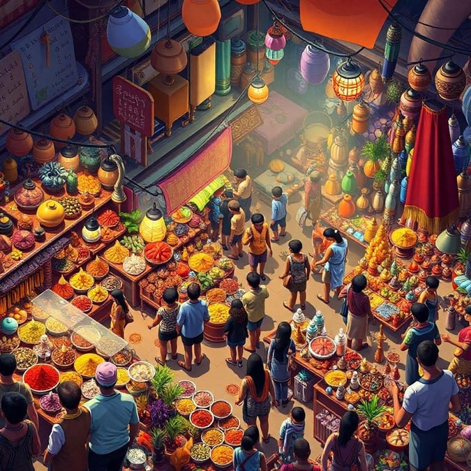 A bustling market scene filled with colorful fruits, vegetables, and goods. People are shopping and browsing in this lively outdoor setting.