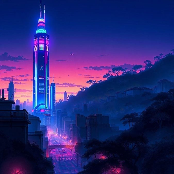 Experimente a tranquilidade de uma cidade futurista ao anoitecer com este cativante papel de parede inspirado em anime.