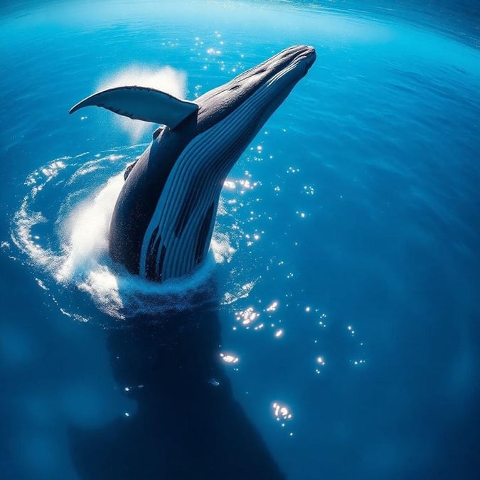 Awe-inspiring moment capturing a humpback whale gracefully rising from the deep blue ocean, surrounded by sunlit sparkles and tiny sea creatures.