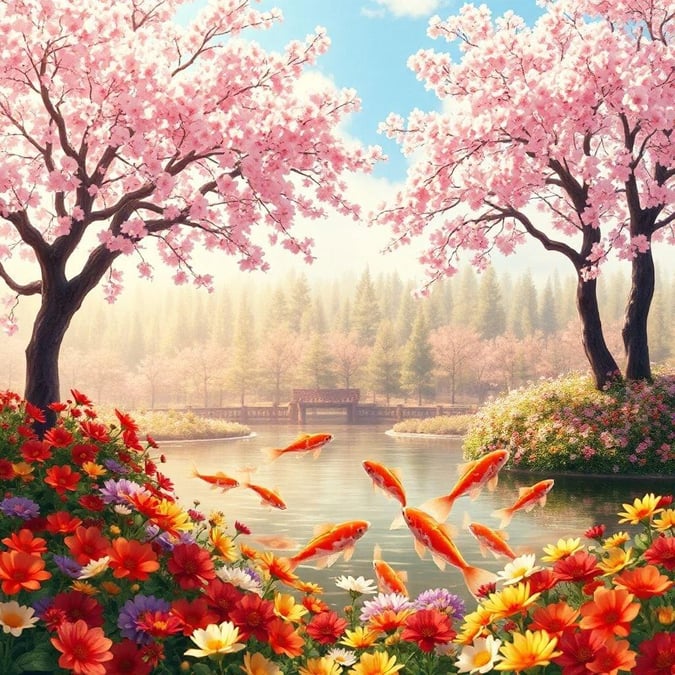 Immerse yourself in the serene beauty of this anime garden, where blooming sakura trees and delicate koi fish create a captivating scene.