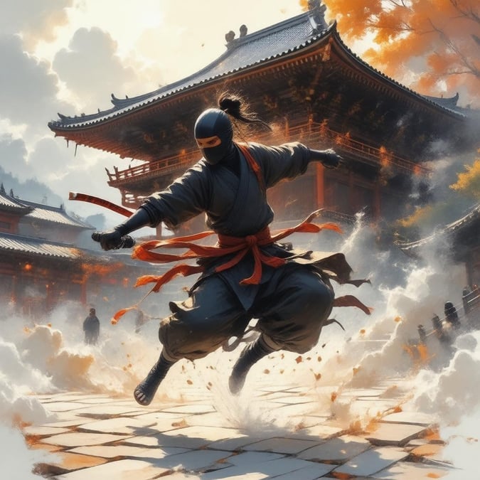 Questo straordinario sfondo anime cattura un ninja in volo, sullo sfondo di un tradizionale tempio giapponese. I dettagli intricati del tetto del tempio e dell'abbigliamento del ninja sono messi in mostra, creando un senso di mistero e intrigo.