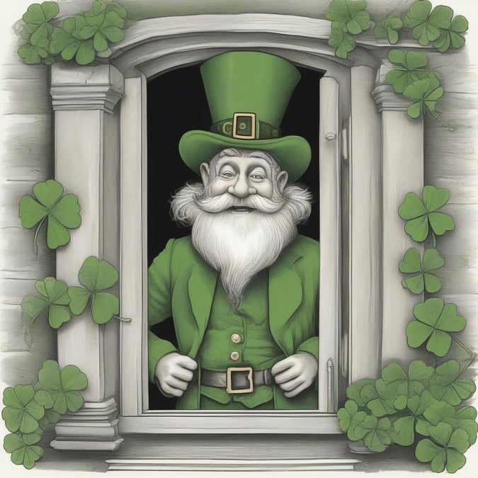 Get in the spirit of St. Patrick's Day with this festive wallpaper featuring a leprechaun in a window.