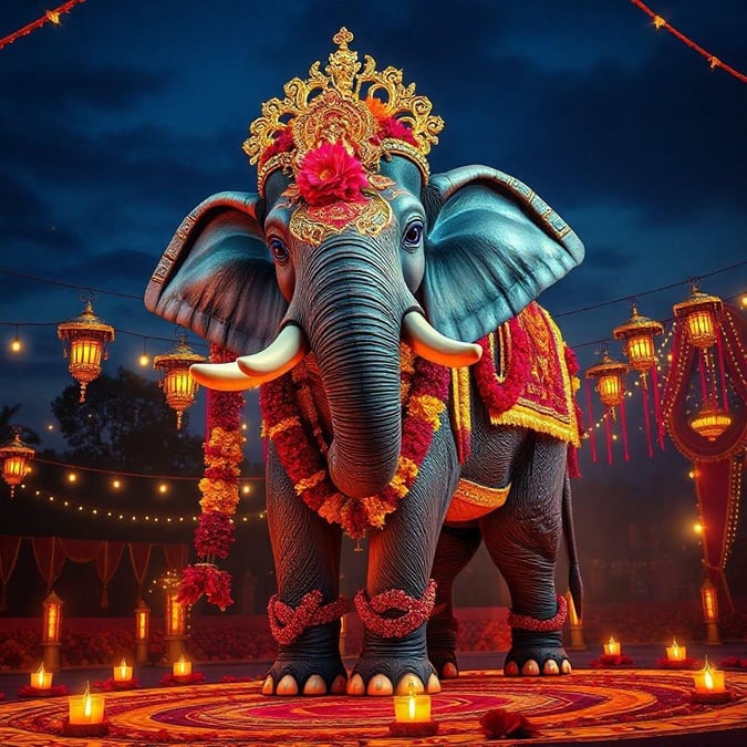 A majestic elephant adorned with gold and flowers, celebrating the joyous festival of Diwali.