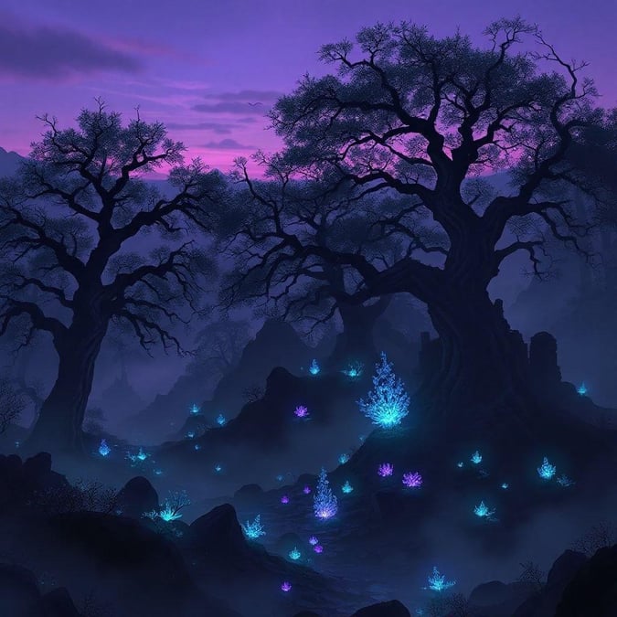 This fantasy forest wallpaper captures the serene beauty of a forest at sunset, with the warm glow of the setting sun casting a magical light on the trees and foliage. The image features a variety of trees, including tall oaks and slender willows, with leaves that are a mix of green and purple hues. In the foreground, a group of fireflies flit about, adding a touch of whimsy to the scene. The overall effect is one of enchantment and wonder, inviting the viewer to step into this fantastical world. 