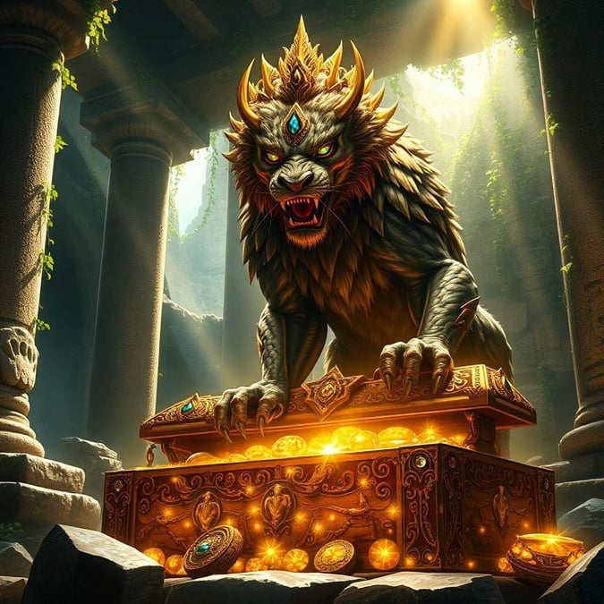 A fantastical lion-like creature with sharp teeth, fierce eyes, and majestic horns opens a treasure chest filled with gleaming jewels and gold coins.