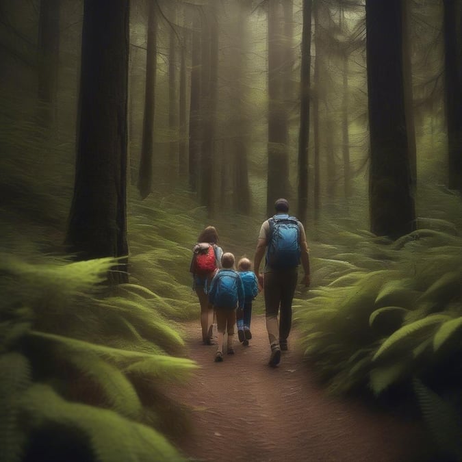 A father leading his children on a hike through the lush green forest, sharing the joy of exploration.