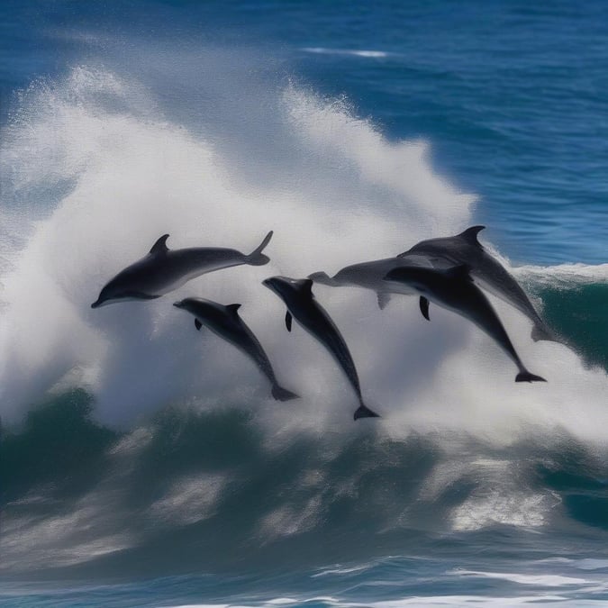 A group of dolphins riding the ocean waves, a vibrant display of marine life amidst the dynamic forces of nature.