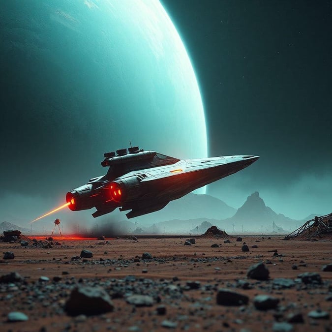 In this stunning sci-fi landscape wallpaper, a spaceship is engaged in an intense battle with an alien planet in the background.