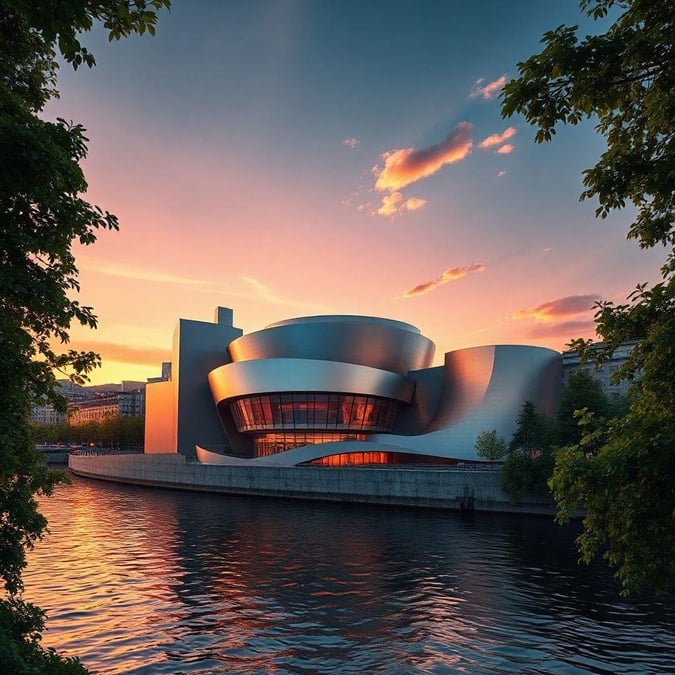 A stunning image of a modern building situated on the edge of a body of water, with a beautiful sunset in the background.