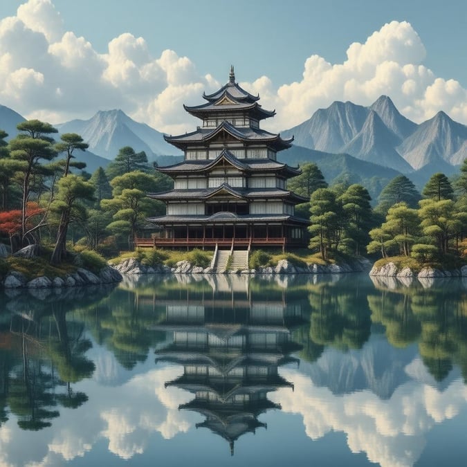 Tauchen Sie ein in die ruhige Schönheit dieses traditionellen japanischen Schlosses, wo alte Architektur auf die Ruhe der Natur trifft.