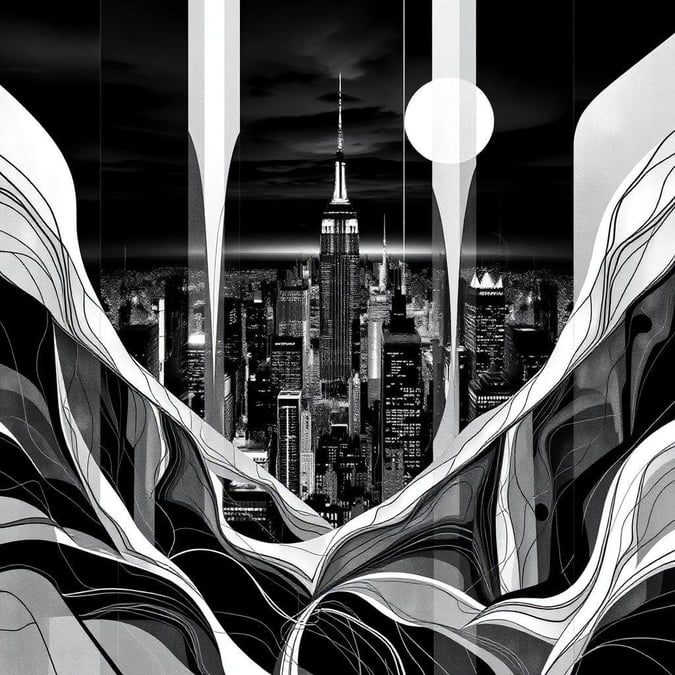 A dramatic black and white cityscape, with towering skyscrapers reaching towards the sky. Amidst the architectural structures, abstract forms add a touch of whimsy to the urban landscape.