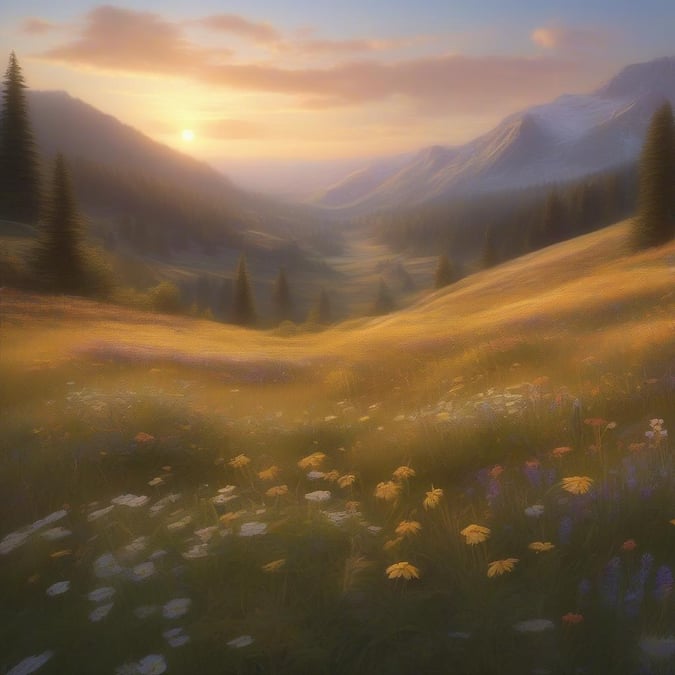 A picturesque scene of the sun rising above a lush, flower-filled meadow nestled between two mountains, creating a tranquil and majestic landscape.