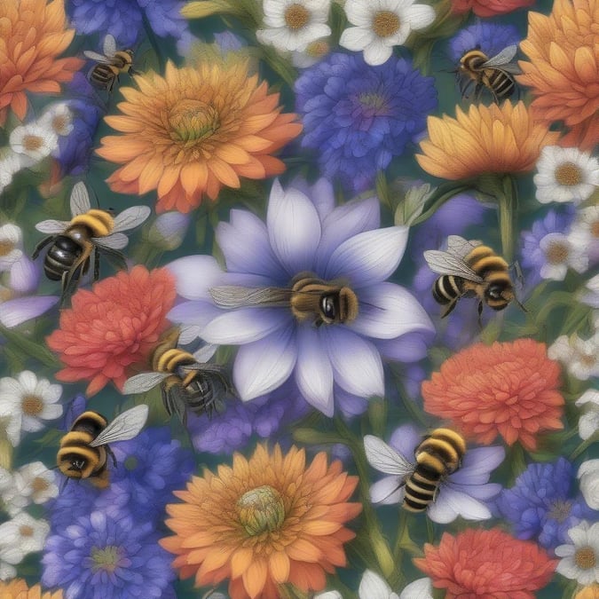 Add a touch of nature to your digital space with this colorful floral wallpaper featuring bees.