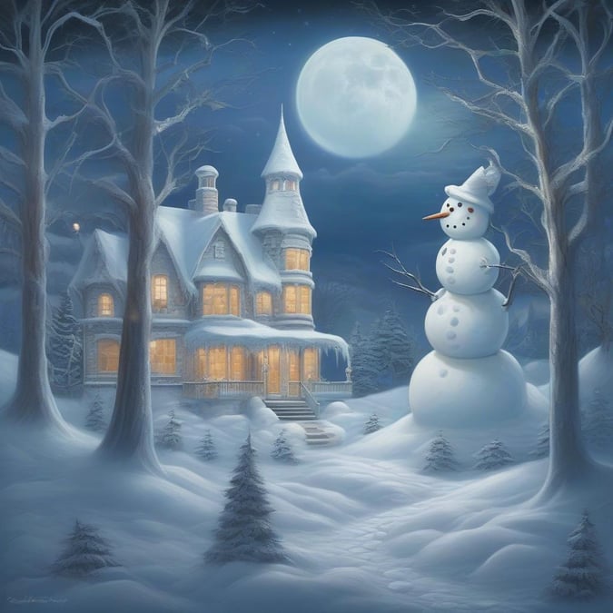 A festive winter scene featuring a charming snowman standing in front of a house, ready for the holiday celebration. A perfect wallpaper for desktop and mobile devices.