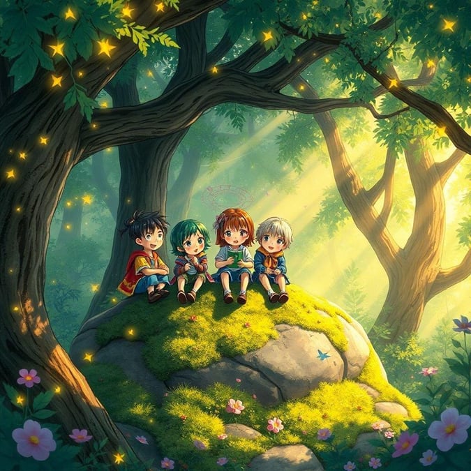 Entrez dans un monde de merveilles avec ce fond d'écran anime enchanteur, où un groupe d'enfants en tenue colorée est assis sur une roche au milieu d'une forêt luxuriante, entouré d'une lueur chaleureuse qui vous invite à explorer les mystères du monde.