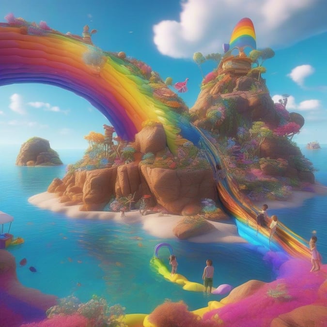 A whimsical scene from a fantasy movie with children exploring a magical island full of vibrant colors and playful surprises.